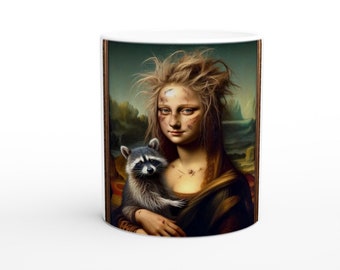 Mona Lisa crazy raccoon lady White 11oz Ceramic Mug