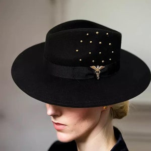 Wide Brim Wool Fedora Hat with Gold Studs and Ribbon Trim