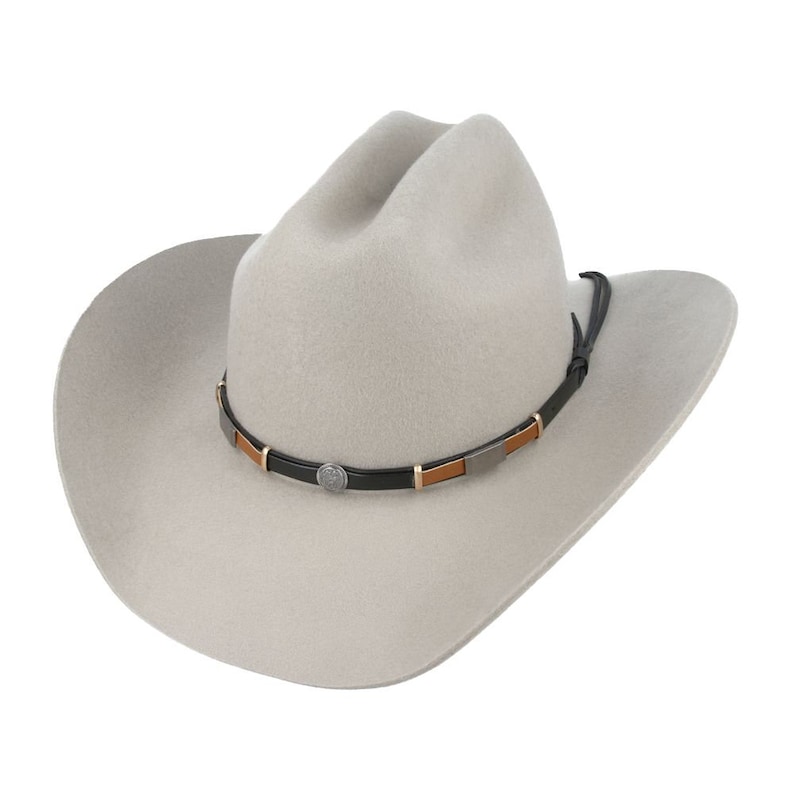 Pode incluir: Um chap&eacute;u de cowboy de feltro cinza claro com uma faixa de couro preta e detalhes prateados. O chap&eacute;u tem uma aba larga e uma coroa alta.
