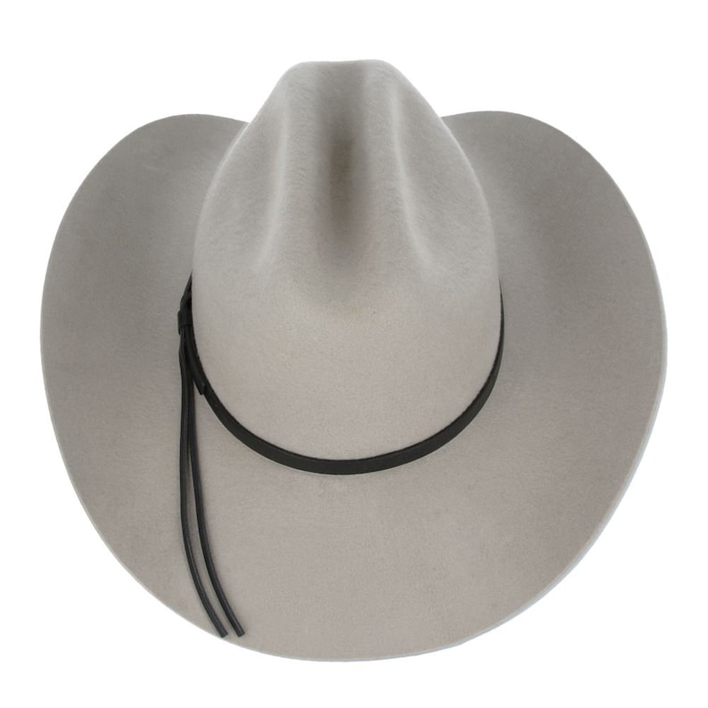 Pode incluir: Um chap&eacute;u de cowboy de feltro cinza com uma faixa de couro preta e uma correia de couro preta pendurada para baixo do lado.