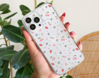 Klare Kokette Handyhülle, klare Handyhülle Erdbeere, klare Hülle Bögen, süße klare iPhone Hülle, klare iPhone Hülle mit Blumenmuster, ästhetische Hülle