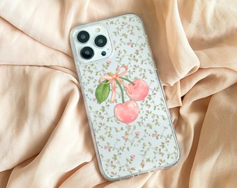 Clear Floral iPhone Case, Clear Coquette Case for iPhone 15 14 13 12 11 Pro Max Case iPhone Plus, Cherry iPhone Case, Shockproof Cover Case