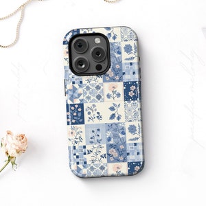 Coquette Blue Patchwork Phone Case, Cottagecore Floral Phone Case, Aesthetic Quilt Phone Case, Blue Toile Phone Case iPhone 16 15 14 Pro Max