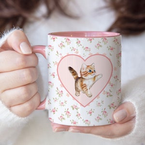 Coquette Aesthetic Mug, Ditsy Floral Mug, Coquette Kitten Mug, Girly Mug, Coquette Floral Mug, Cute Trendy Mug, Pink Handle Mug, Mug Gift