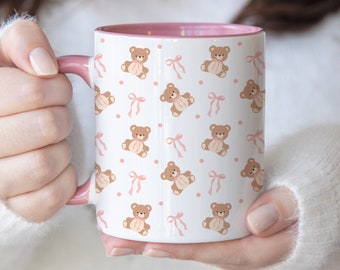 Coquette Teddy Bear Mug, Coquette Mug, Teddy Bear Mug, Coquette Aesthetic Mug, Girly Mugs, Preppy Pink Mug, Pink Bow Mug, Pink Handle Mug