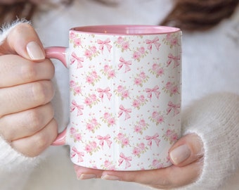 Coquette Mug, Coquette Floral Mug, Pink Bow Mug, Cute Pink Mug, Pink Coquette Mug, Pastel Floral Mug, Coquette Aesthetic Mug, Girly Mug Pink