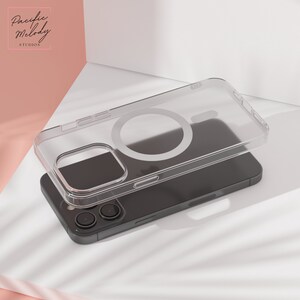 May include: A clear phone case with a white ring on the back. The case is shown on top of a black phone.
