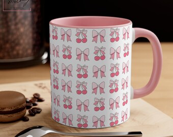 Coquette Mug, Coquette Aesthetic Mug, Cute Bow Mug, Cherry Mug, Girly Mug, Preppy Cute Mug, Coquette Bow Mug, Aesthetic Mug, Pink Bow Mug