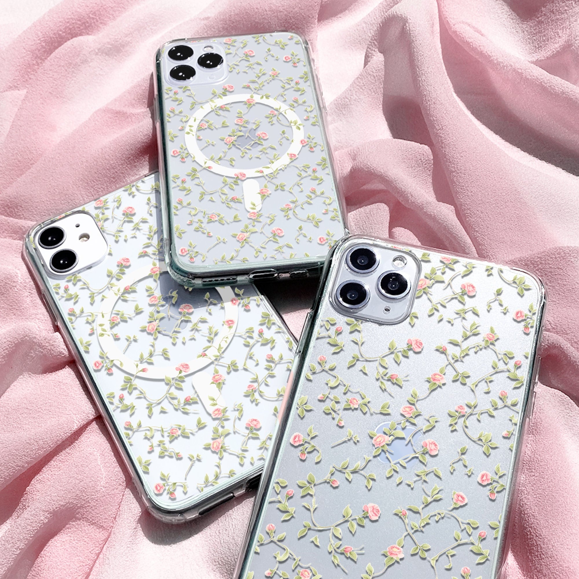 Clear Floral Phone Case Magsafe, Cute Clear iPhone Case, Pink Rose
