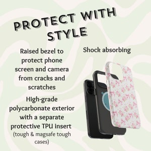 May include: A phone case with a floral pattern and a raised bezel to protect the screen and camera. The case is made of a high-grade polycarbonate exterior with a separate protective TPU insert. "Protect with Style" is written in large letters at the top of the image.