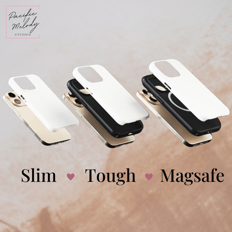May include: Three white iPhone cases with different levels of protection. The first case is labeled "Slim", the second case is labeled "Tough", and the third case is labeled "Magsafe".