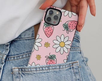 Capinha fofa para iPhone 16, 15, 14, 13 Pro Max, capinha rosa com morango, capinha feminina, capinha com margaridas, capinha pastel para iPhone, capinha fofa para Samsung