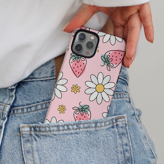 Cute iPhone Case 16 15 14 13 Pro Max, Pink Strawberry Phone Case, Girly Phone Case, Daisy Phone Case, Pastel iPhone Case, Cute Samsung Case