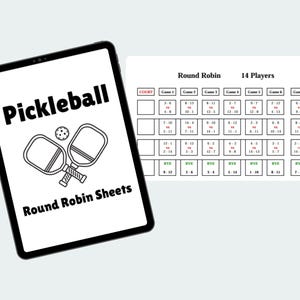 Może przedstawiać: Czarno-biały tablet cyfrowy z tekstem "Pickleball Round Robin Sheets" i grafiką dwóch rakiet do pickleballa i piłki. Na tle widoczny jest biały arkusz papieru z harmonogramem turnieju w systemie kołowym dla 14 graczy.