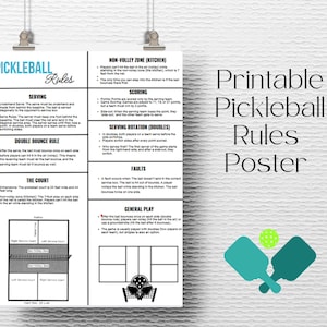 May include: Printable pickleball rules poster with a black and white illustration of a pickleball court and a diagram of the non-volley zone. The poster also includes a list of rules for serving, scoring, faults, and general play.