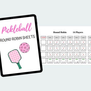 Puede incluir: Una tableta digital que muestra un calendario de pickleball de round robin imprimible para 14 jugadores. La tableta muestra una pala de pickleball rosa y verde y una pelota.