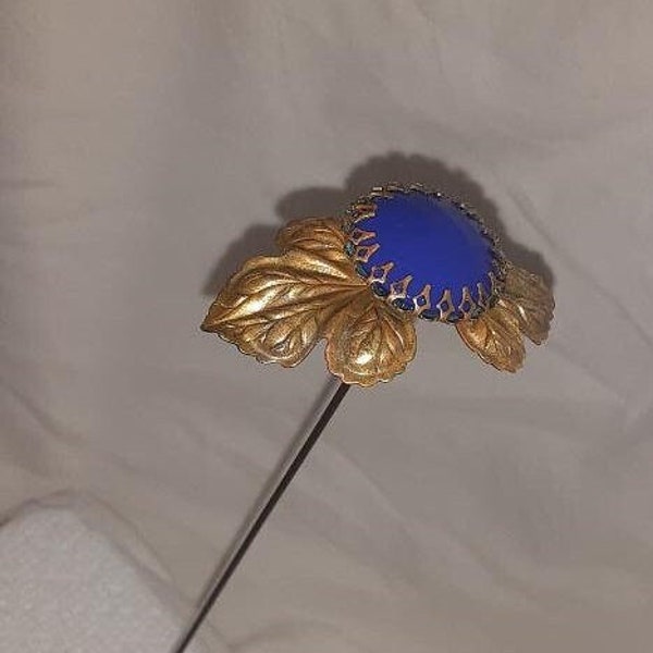 Long Hatpin  Art Nouveau Gilt Brass Blue Glass Jewel Hat Pin Lapis Victorian