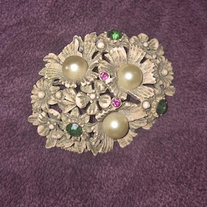 Vintage Florenza Small Enameled Trinket Box Basket of Flowers Rhinestones Pearls