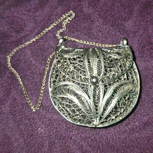 Vintage Sterling Silber filgrane kleine Geldbörse w Kette zu Anhänger umwandeln