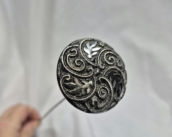 Antique Black Jet French Hat Pin, Silver Leaves, Victorian Mourning over 11"