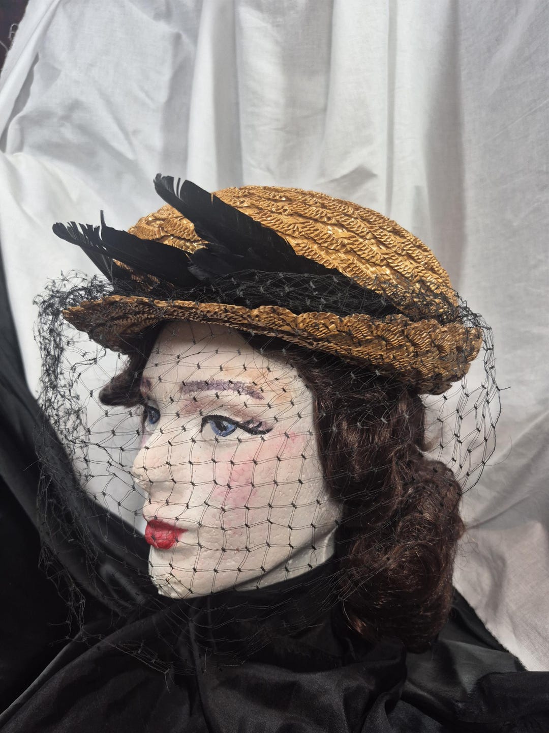 Vintage Straw Boater Hat Shell Weave With Black Feathers - Etsy