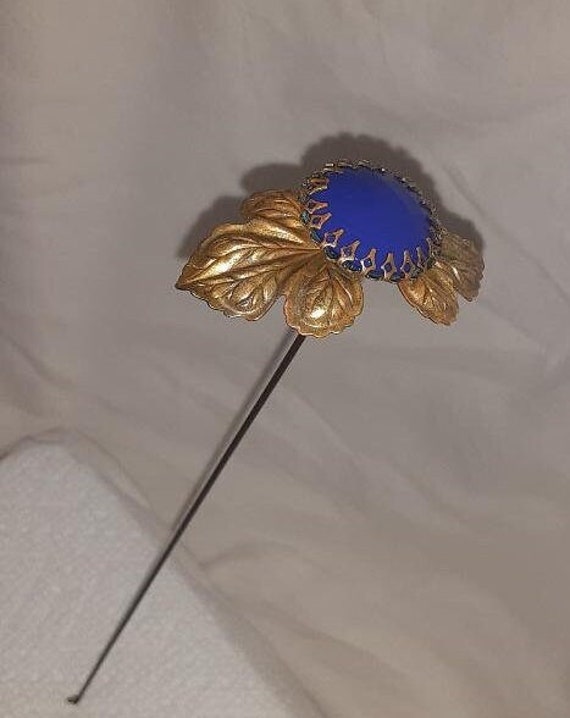 Long Hatpin  Art Nouveau Gilt Brass Blue Glass Jew