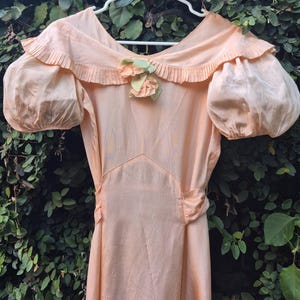 1930s Peach Taffeta Gown: Puffed Sleeve Vintage Dress