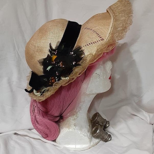 1930s 1940s Straw Picture Hat w/Unique Floral Spray, Black Velvet Trim Vintage