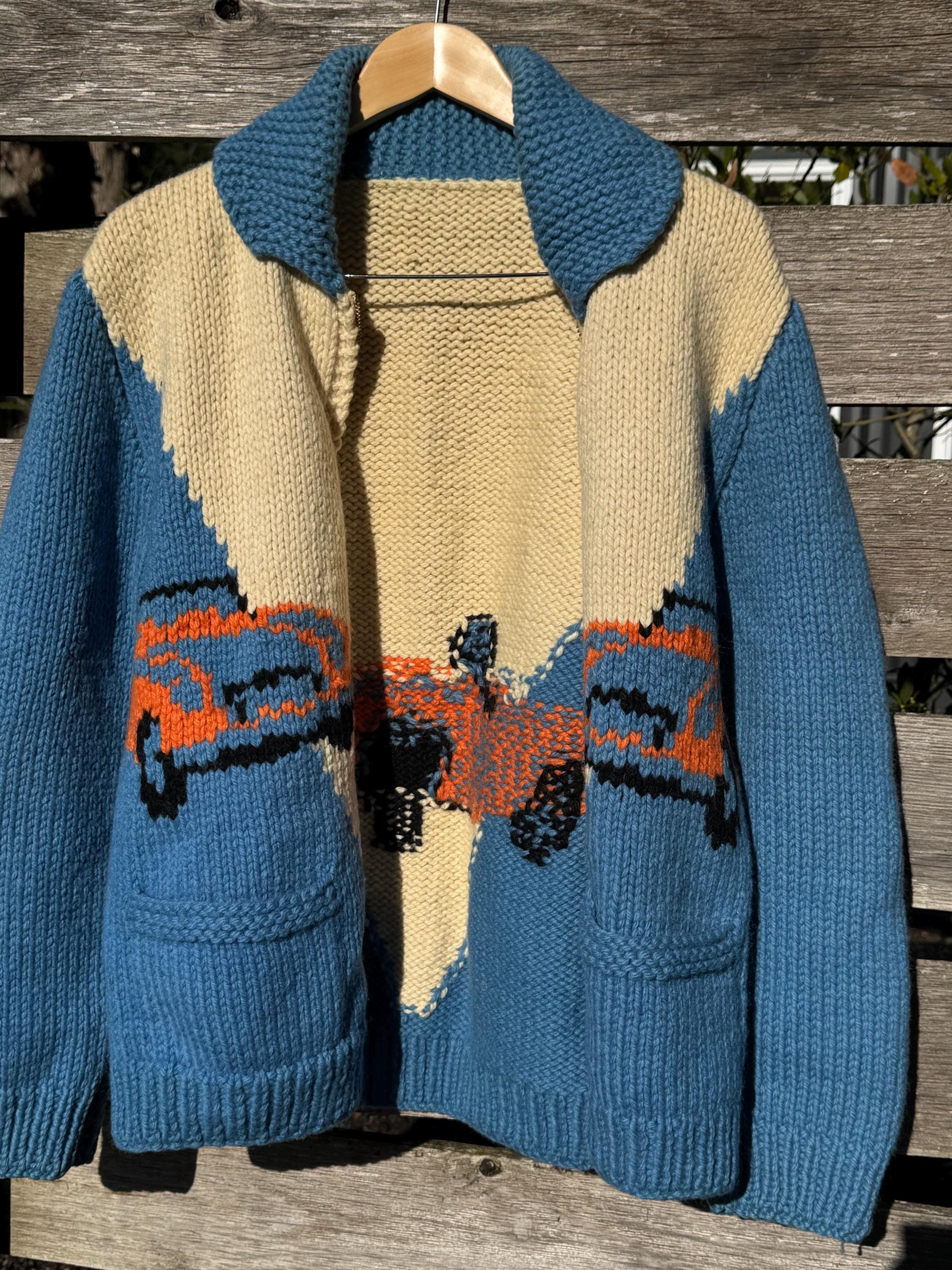 1950's Cowichan Racecar Handmade Wool Zip up Sweater