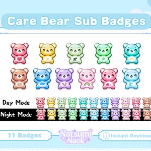 May include: A set of 11 Care Bear themed Twitch sub badges. The badges feature different Care Bear characters in various colors, including pink, blue, green, yellow, and orange. The badges are designed in a cute, cartoon style and are perfect for adding a touch of whimsy to your Twitch channel.