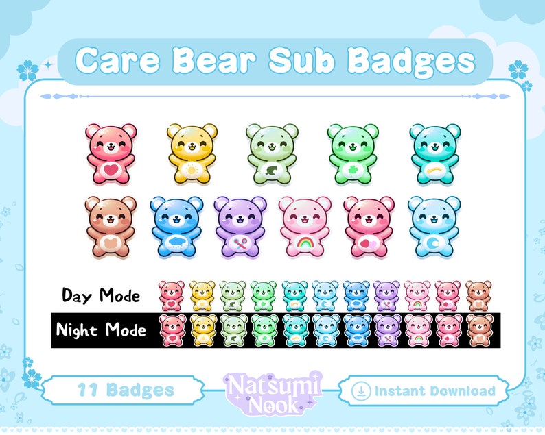May include: A set of 11 Care Bear themed Twitch sub badges. The badges feature different Care Bear characters in various colors, including pink, blue, green, yellow, and orange. The badges are designed in a cute, cartoon style and are perfect for adding a touch of whimsy to your Twitch channel.