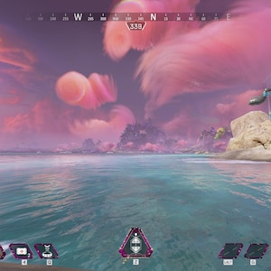 May include: A video game screen showing a pink and purple sky with clouds over a blue body of water. The game is Apex Legends and the text "10 SQUADS LEFT" is visible in the upper right corner of the screen.