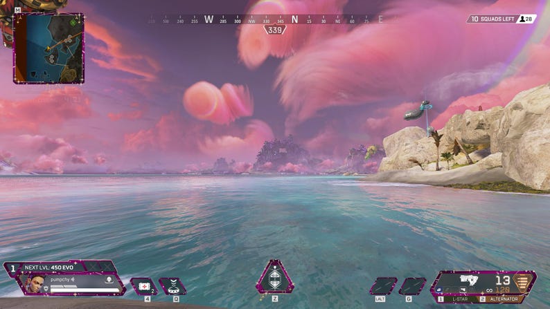 May include: A video game screen showing a pink and purple sky with clouds over a blue body of water. The game is Apex Legends and the text "10 SQUADS LEFT" is visible in the upper right corner of the screen.