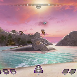 May include: A video game screenshot showing a player in a tropical environment with a pink and orange sunset in the background. The player is standing on a beach with a body of water in front of them. The player is looking at a large rock formation in the distance. The game's user interface is visible in the bottom left corner of the screen. The text "NEXT LVL 450 EVO" is visible in the user interface.