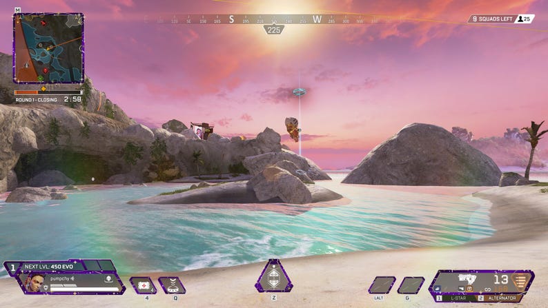 May include: A video game screenshot showing a player in a tropical environment with a pink and orange sunset in the background. The player is standing on a beach with a body of water in front of them. The player is looking at a large rock formation in the distance. The game's user interface is visible in the bottom left corner of the screen. The text "NEXT LVL 450 EVO" is visible in the user interface.