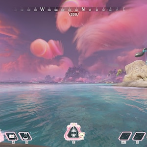 Puede incluir: Una captura de pantalla de un videojuego que muestra un cielo rosa y azul con nubes sobre una masa de agua. La interfaz del juego muestra una br&uacute;jula con el n&uacute;mero 339, un indicador de nivel y un personaje con una barra de salud. El texto "10 Squads Left 20" se muestra en la esquina superior derecha.
