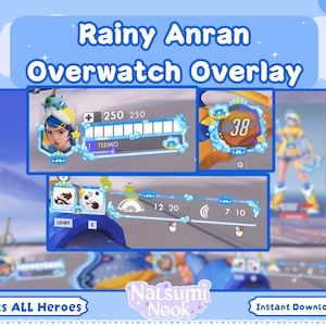 Puede incluir: Una superposición digital para el juego Overwatch, con un tema azul y blanco. La superposición muestra retratos de personajes, barras de salud e información del juego. El texto incluye "Rainy Anran Overwatch Overlay", "Fits ALL Heroes" y "Instant Download".