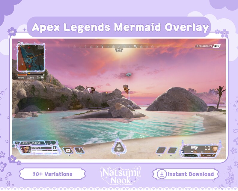 Puede incluir: Una superposici&oacute;n digital para el videojuego Apex Legends, con un tema de sirena. La superposici&oacute;n est&aacute; dise&ntilde;ada con un esquema de color rosa y azul e incluye una variedad de elementos, como un mapa, una barra de salud y un temporizador. El texto "Natsumi Nook" tambi&eacute;n es visible en la superposici&oacute;n. La superposici&oacute;n est&aacute; disponible para descarga instant&aacute;nea.