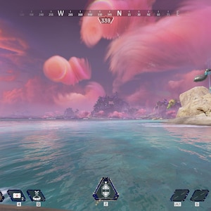 May include: A video game screenshot showing a tropical island with a pink and purple sky. The water is blue and the beach is white. The text "10 SQUADS LEFT" is visible in the upper right corner of the image.
