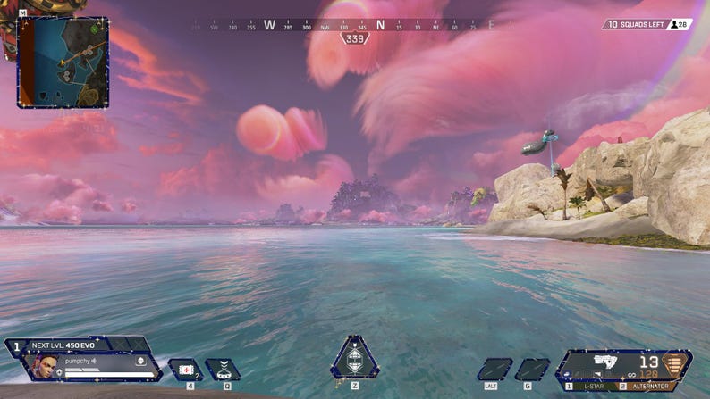 May include: A video game screenshot showing a tropical island with a pink and purple sky. The water is blue and the beach is white. The text "10 SQUADS LEFT" is visible in the upper right corner of the image.