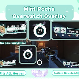 May include: A mint green Overwatch overlay design with the text "Mint Pocha Overwatch Overlay." The image showcases various in-game UI elements, including health bars, character portraits, and a circular number display. Text includes "Fits ALL Heroes" and "Instant Download."