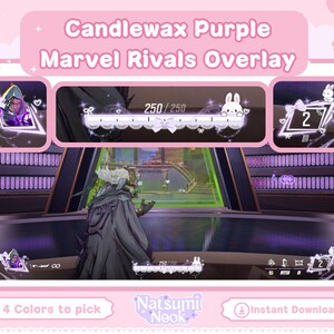May include: A pink digital overlay for a game, featuring the text "Candlewax Purple Marvel Rivals Overlay." The design includes character portraits, health bars, and a bunny icon. The bottom of the overlay reads "4 Colors to pick" and "Natsumi Nook."