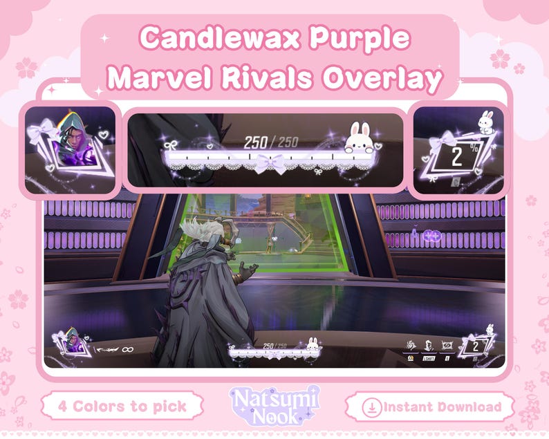 May include: A pink digital overlay for a game, featuring the text "Candlewax Purple Marvel Rivals Overlay." The design includes character portraits, health bars, and a bunny icon. The bottom of the overlay reads "4 Colors to pick" and "Natsumi Nook."