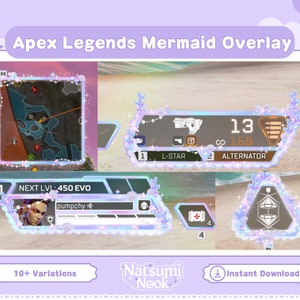 Puede incluir: Una superposici&oacute;n digital para el videojuego Apex Legends, con un tema de sirena. La superposici&oacute;n incluye un mapa, las estad&iacute;sticas del jugador y un inventario de armas. La superposici&oacute;n est&aacute; decorada con un esquema de color rosa y azul y presenta una variedad de gr&aacute;ficos con tem&aacute;tica de sirenas.
