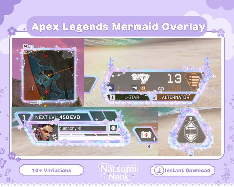 Puede incluir: Una superposici&oacute;n digital para el videojuego Apex Legends, con un tema de sirena. La superposici&oacute;n incluye un mapa, las estad&iacute;sticas del jugador y un inventario de armas. La superposici&oacute;n est&aacute; decorada con un esquema de color rosa y azul y presenta una variedad de gr&aacute;ficos con tem&aacute;tica de sirenas.