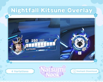 May include: A digital illustration of a blue and white kitsune (mythical fox) with a crescent moon and stars. The image is a digital overlay for a video game. The text "Nightfall Kitsune Overlay" is at the top of the image. The text "Natsumi Nook" is at the bottom of the image. The text "4 Variations" is at the bottom left of the image. The text "Instant Download" is at the bottom right of the image.