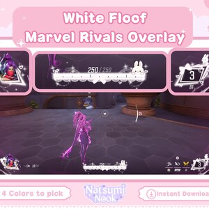May include: A pink and white digital overlay for a game, featuring the text "White Floof Marvel Rivals Overlay." The overlay includes character portraits, health bars, and a number display. The design incorporates bunny graphics and decorative elements.