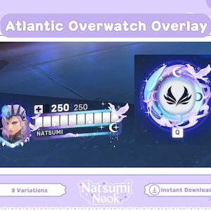 May include: A purple and blue Overwatch overlay with a character portrait, a progress bar, and a skill icon. The character portrait is of a woman with purple hair and a crown. The progress bar is labeled "Natsumi" and shows a score of 250. The skill icon is a white wing symbol inside a circle with a blue and purple background.