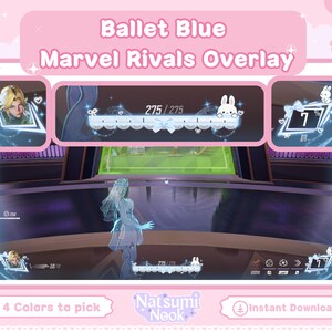 May include: A pink digital overlay design for a game, featuring the text "Ballet Blue Marvel Rivals Overlay." The design includes character portraits, a health bar, and a level indicator. The overlay has a cute, feminine aesthetic with bunny and bow accents.