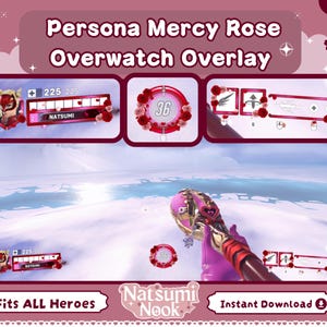 Könnte beinhalten: Ein pinkfarbenes und rotes Overwatch-Overlay mit dem Text "Persona Mercy Rose Overwatch Overlay". Das Design umfasst Gesundheitsleisten, eine kreisförmige Zahlenanzeige und den Text "Natsumi". Das Overlay ist für alle Helden konzipiert.